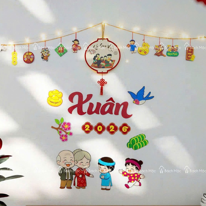 [ Tặng dây Led ] Combo Trang Trí Tết Bảng Gỗ - Set Dán Tường Decor Năm Mới 2026