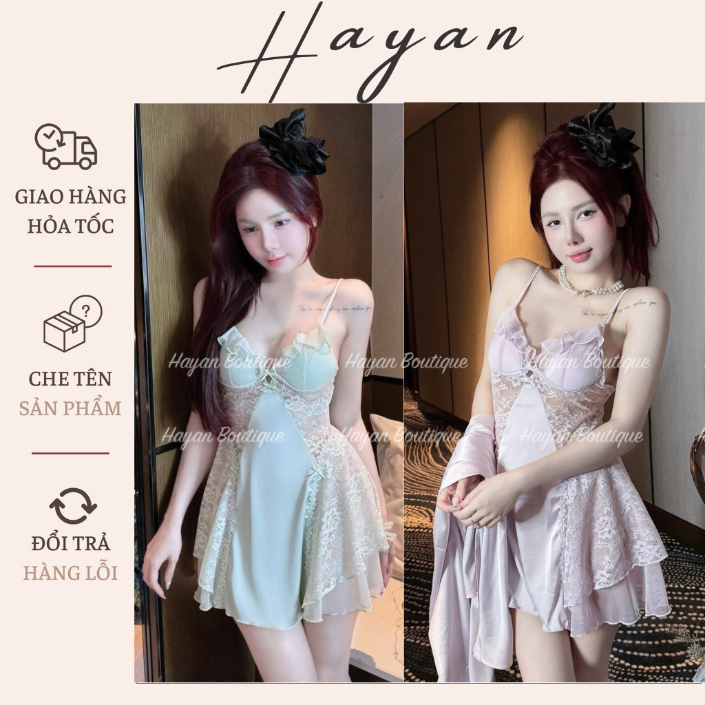 HT250 Váy ngủ 2s cánh tiên cổ xẻ dáng xoè sang chảnh kèm ĐỆM LÓT phối ren tôn dáng HT250
