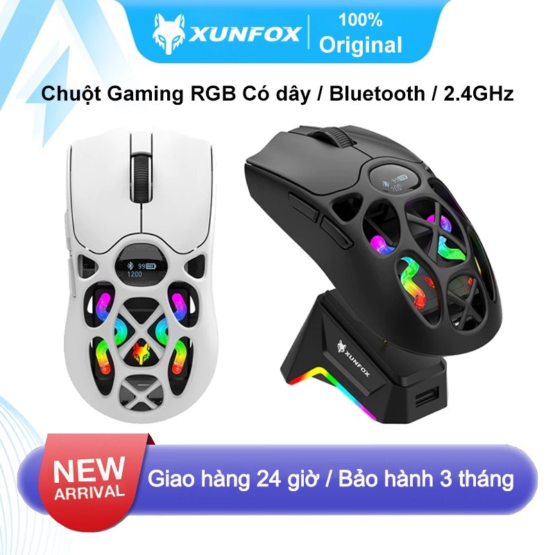 Chuột Gaming RGB XUNFOX H16 | Bluetooth / 2.4G / Có dây | Tốc độ phản hồi 1K + Đế sạc