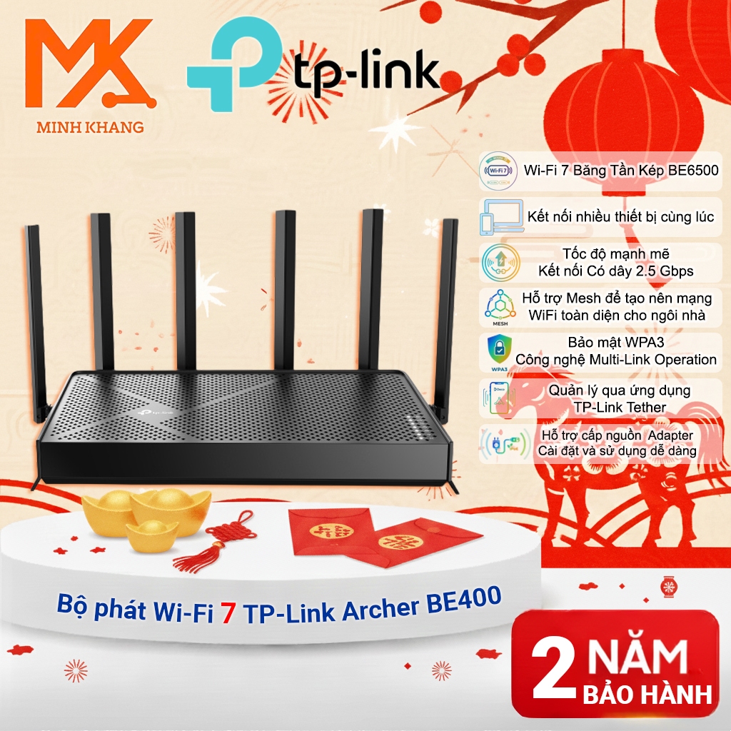 Router Wi-Fi 7 TP-Link Archer BE400 BE6500 Băng Tần Kép – Chuẩn Mới Nhất, Phủ Sóng Mạnh, Chính Hãng
