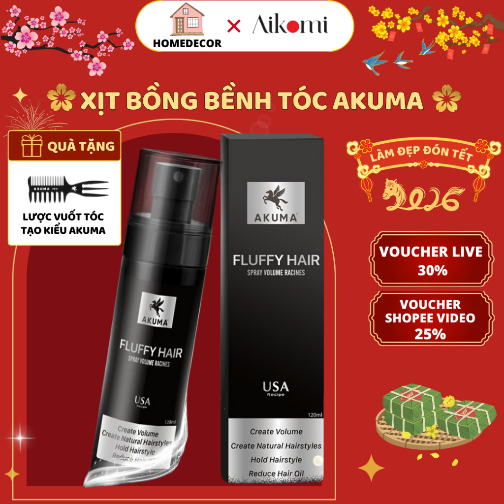 Xịt bồng bềnh tóc AKUMA FLUFFY HAIR 120ml - Xịt làm phồng tóc,kiềm dầu, ngăn bết tóc
