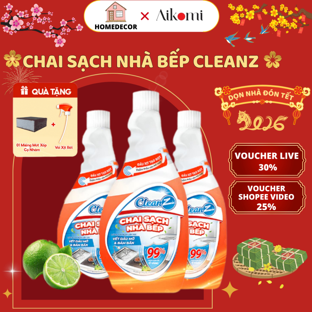 Combo chai sạch nhà bếp CleanZ, chai làm sạch dầu mỡ, mảng bám ố vàng hương chanh dịu nhẹ