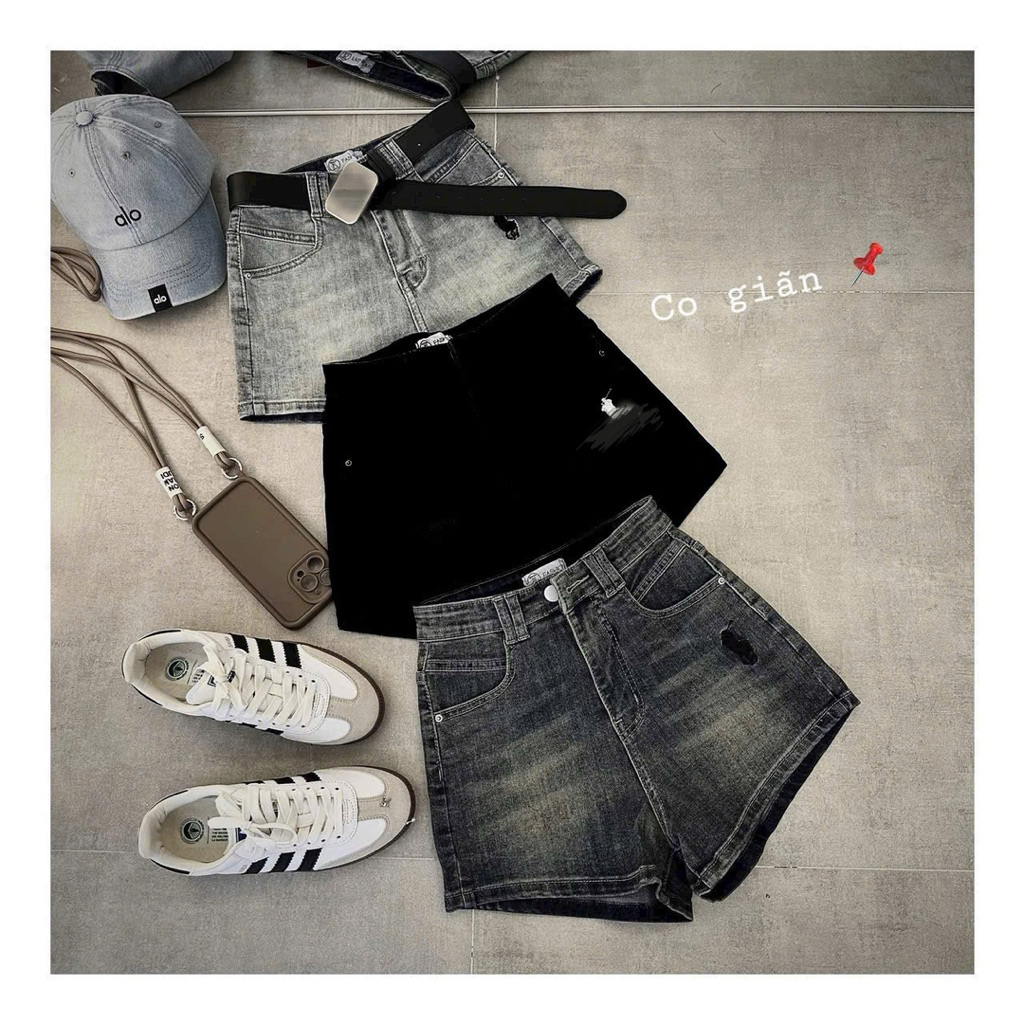 Quần sọt đùi jean nữ quần đùi bò lưng cao co dãn thêu mã AH thời trang 8100