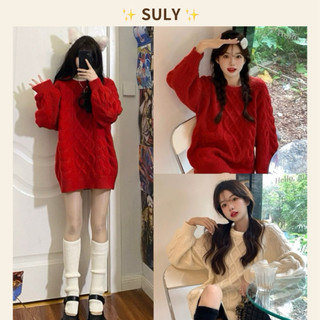 Áo len cổ tròn dáng dài giấu quần tay bồng basic, Áo len đỏ Noel nam nữ Order Quảng Châu