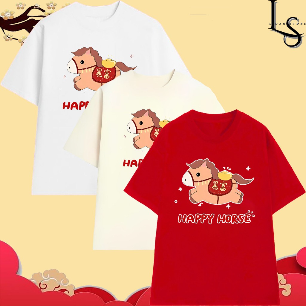 Áo thun Tết Bính Ngọ 2026 cho Gia Đình, happy hourse siêu dễ thương, chất thun cotton 250gsm