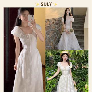  Đầm dài tay bồng cổ tròn thêu hoa chiết eo Váy maxi trắng phong cách nhẹ nhàng nàng thơ Order Quảng Châu 