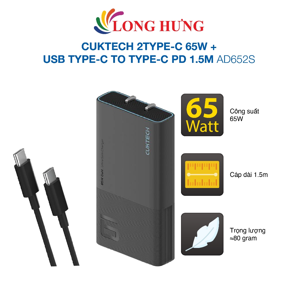 Combo cốc sạc Cuktech 2Type-C 65W + Cáp USB Type-C to Type-C PD 1.5m AD652S - Hàng chính hãng