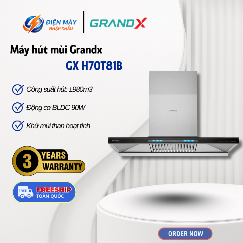 Máy Hút Mùi Áp Tường Chữ T GrandX GX H70T81B – Kích Thước 70cm – Thân Máy Chất Liệu Inox