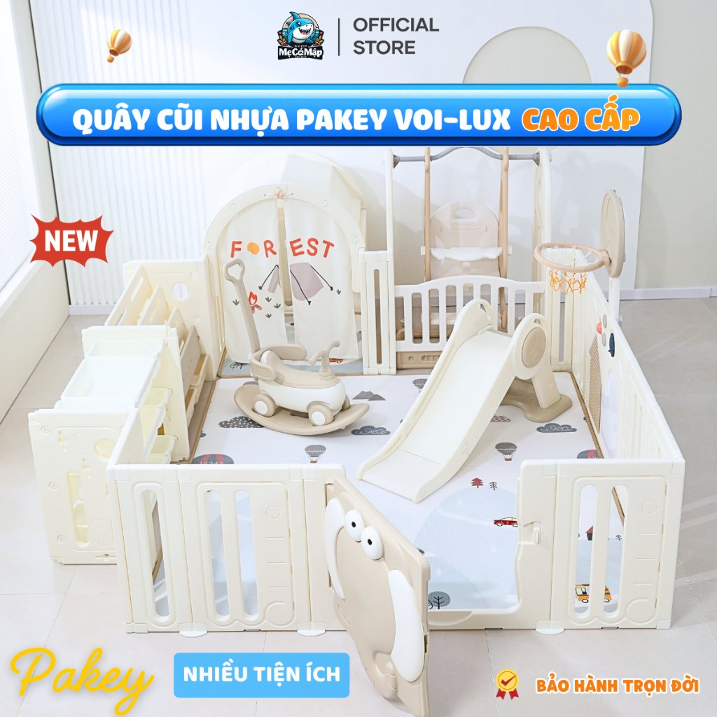 Quây Cũi Nhựa Pakey Voi Mới 2026, Quây Cũi Cao Cấp Full Set Tặng Kèm 100 Bóng + Thảm + Set Bóng Rổ B