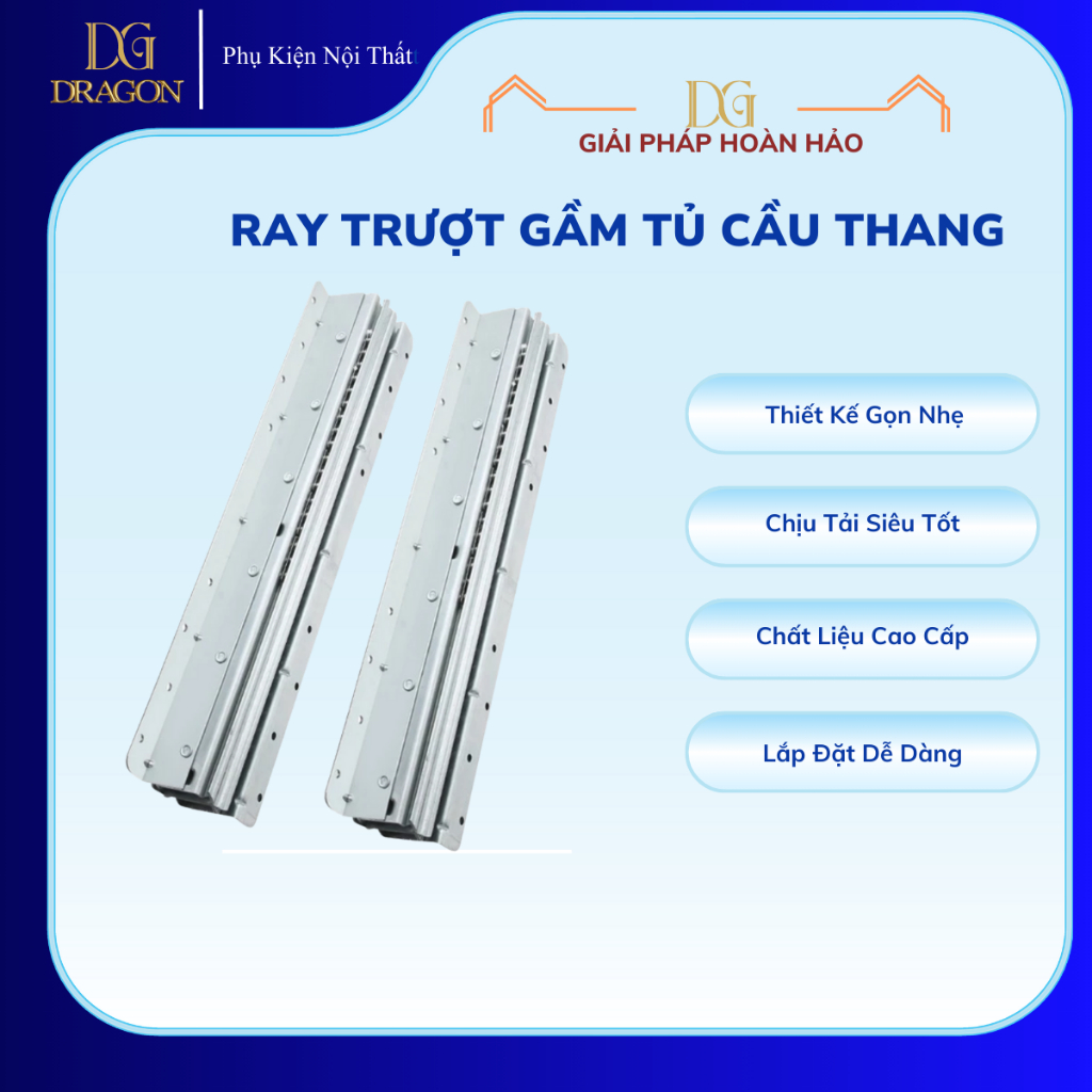 Thanh Ray Trượt - Ray Trượt Tủ Gầm Cầu Thang - Ray Bi 3 Tầng Giảm Chấn, Chịu Tải Nặng, Trượt Êm