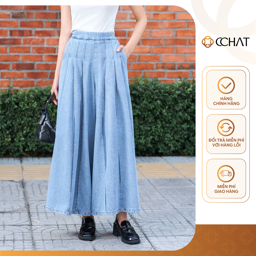 Quần Jean Nữ 𝐂𝐂𝐇𝐀𝐓 Dáng Suông Indigo Xếp Ly Chất Liệu Jeans Cao Cấp 25GDJ2007ST