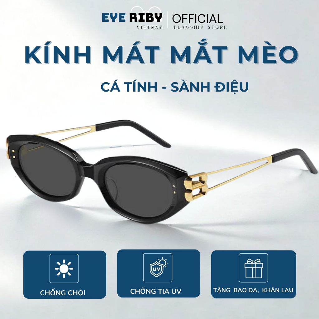 Kính Râm Mắt Mèo Kính Mát Nam Nữ Gọng Đôi Kim Loại Titanium Thời Trang Chống Tia UV Phong Cách Hàn Quốc R33