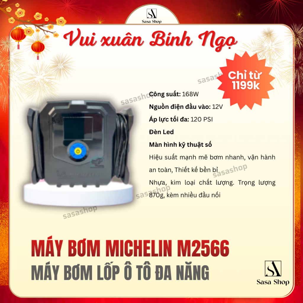 MÁY BƠM Michelin M2566 12V 168W- Bơm lốp Ô Tô, Xe Máy, Xe Đạp- Chính Hãng Michelin