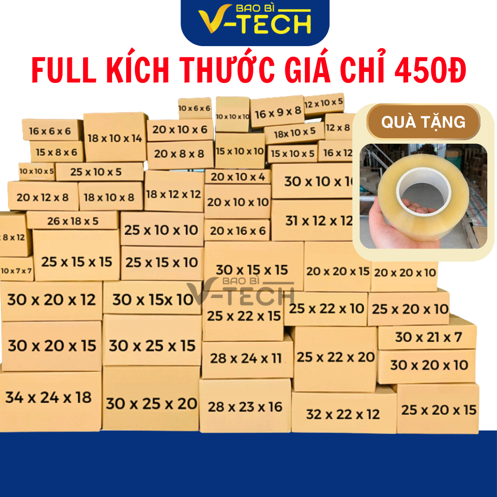 Hộp carton đóng hàng V-TECH, hộp giấy gói hàng 3 lớp sóng B, thùng carton đóng hàng nhiều kích thước