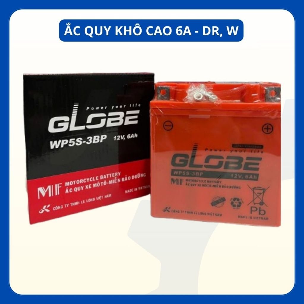 Bình ắc quy khô cao 12V/6Ah - Ắc quy hiệu GLOBE - Ắc quy WP5S-3BP dành cho xe máy DR,W,... và các lo