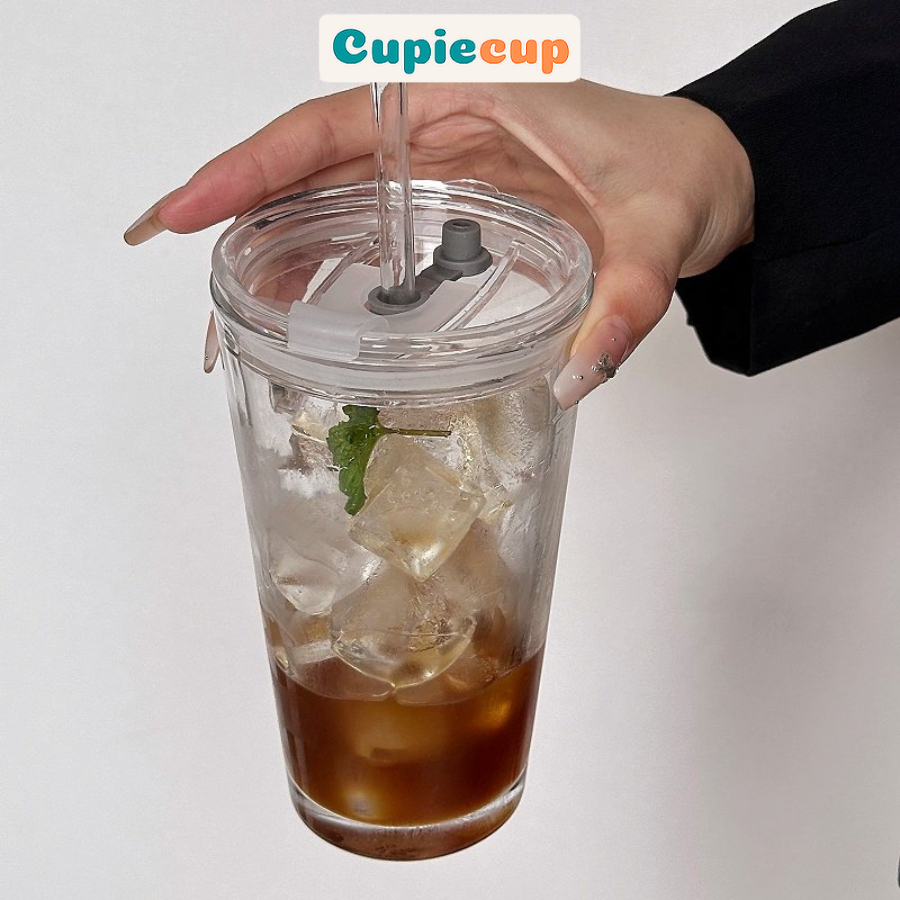 Ly Thủy Tinh Cốc Uống Nước, Cà Phê, Kèm Nắp Và Ống Hút Phong Cách Hàn Quốc BTT001