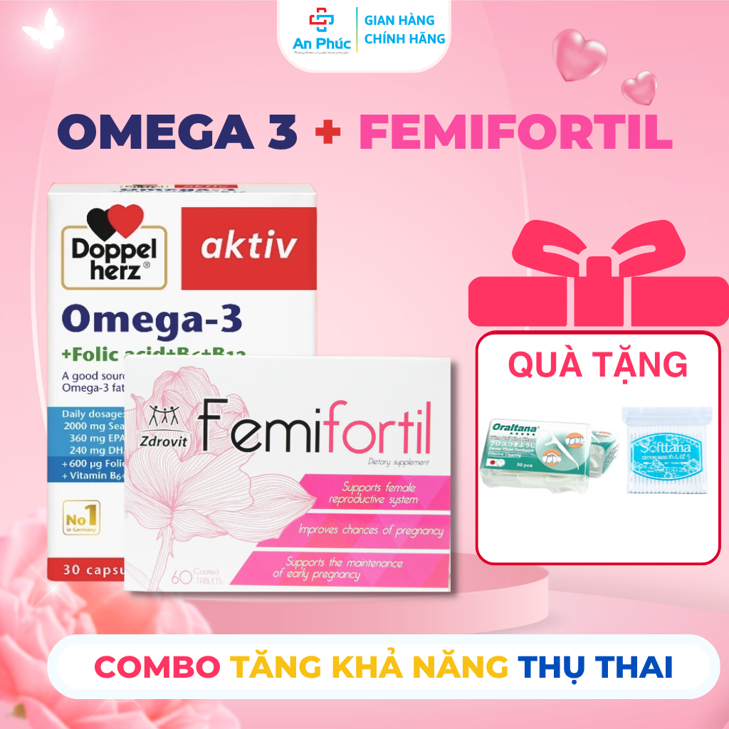 [COMBO BỔ TRỨNG] Femifortil + Dầu Cá Omega 3 - Vitamin Tổng Hợp, Giảm Mệt Mỏi, Hỗ Trợ Sinh Sản