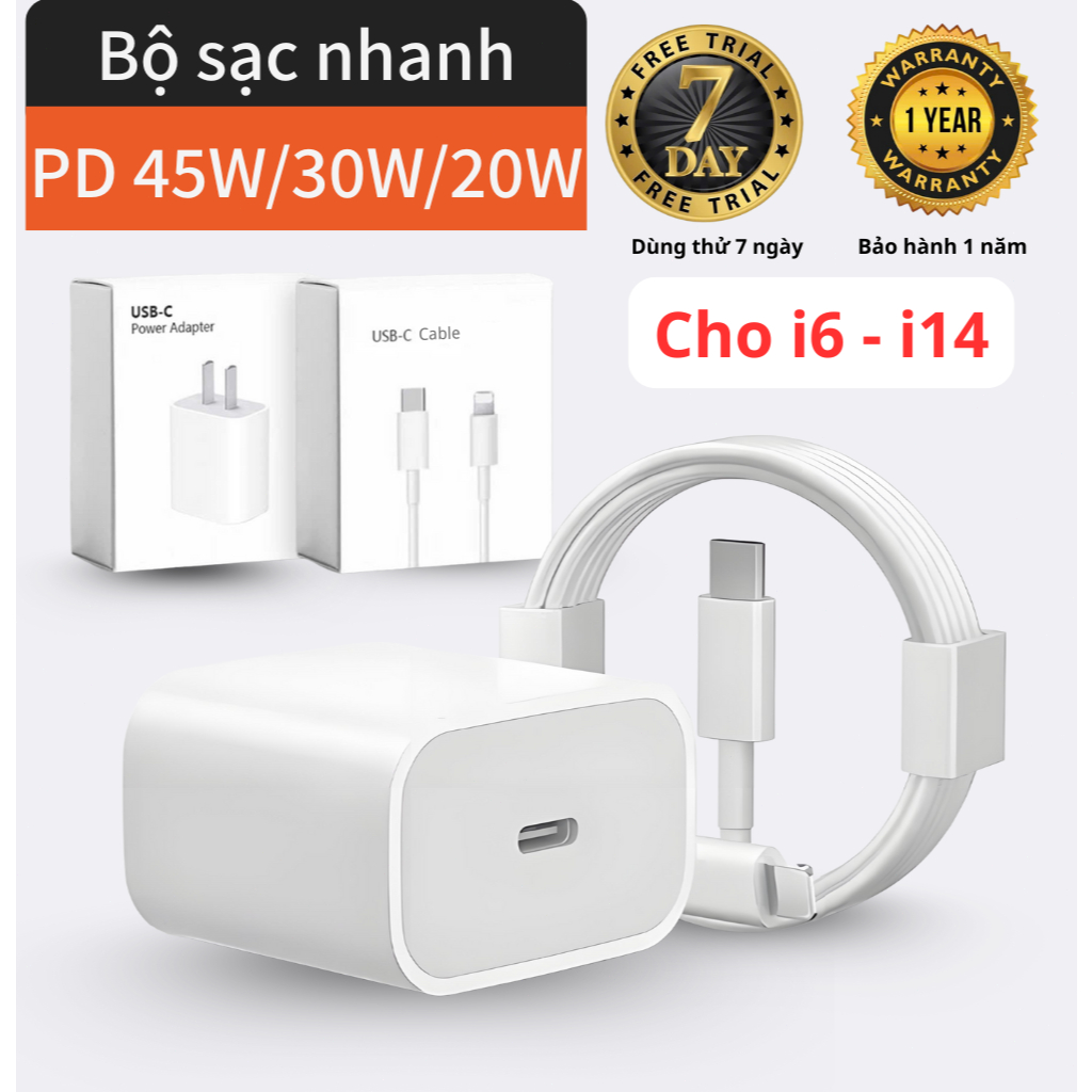 Bộ Sạc Nhanh (Củ PD45W/PD30W/PD20W+Dây 1m/1.5m/2m) - Bảo vệ thiết bị không nóng máy chống nổ - An Toàn cho Điện Thoại