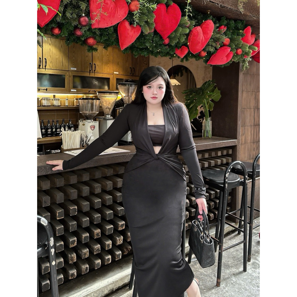 60kg-80kg đầm body dáng dài xoắn eo kèm áo quây có mút y hình sang trọng