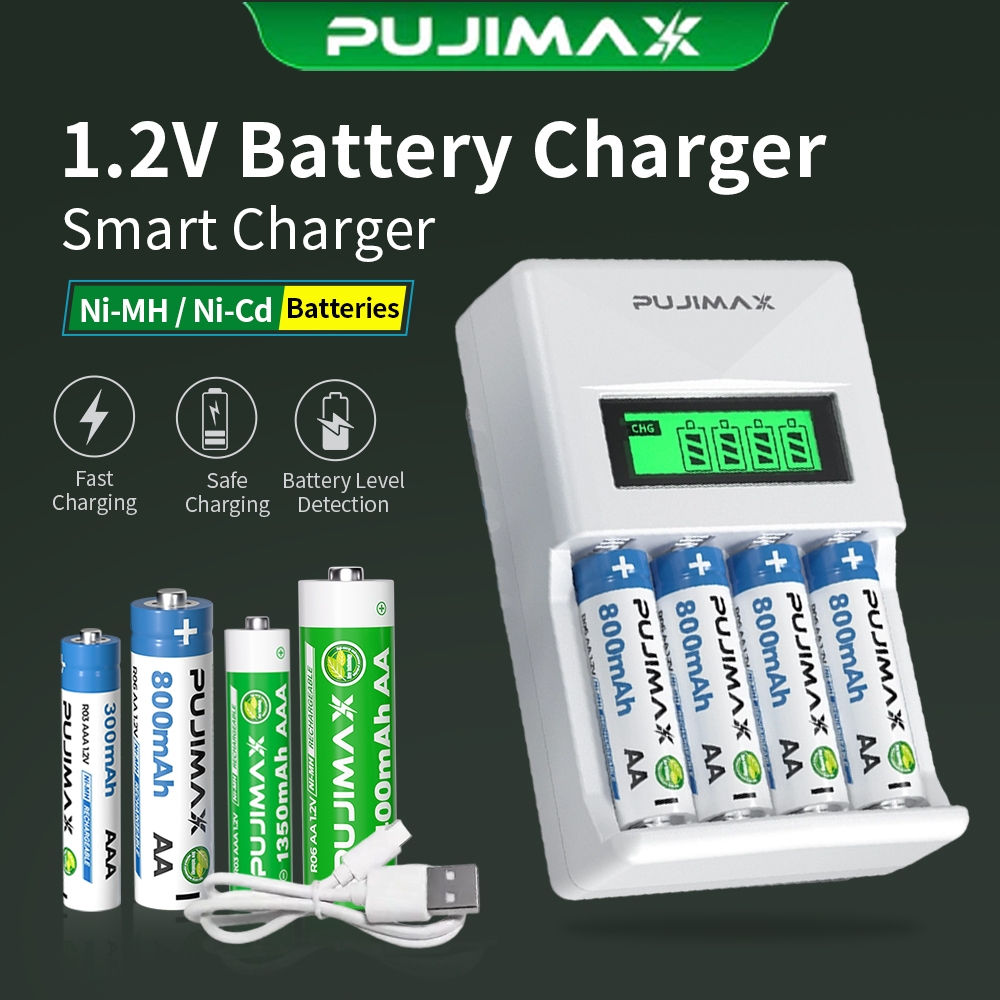 Pujimax Bộ sạc pin 4 khe 1.2V Ni-MH Màn hình LCD Có thể sạc pin niken-hydro sạc lại được 1.2V loại A