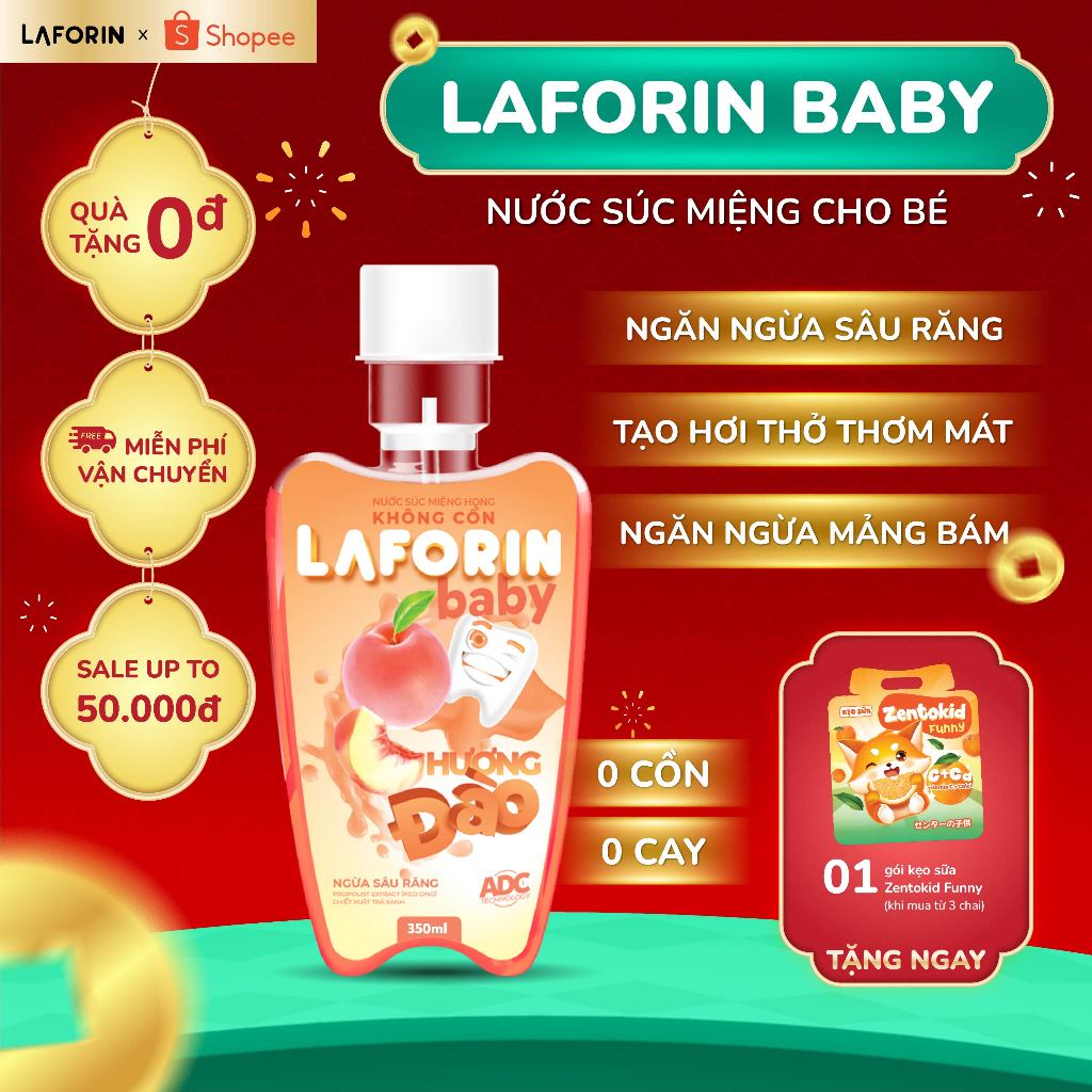 Laforin Baby Hương Đào - Nước Súc Miệng Giảm Sâu Răng, Vệ Sinh Răng Miệng Cho Bé (Chai 350ml)
