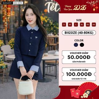  Set đồ nữ BIGSIZE Banamo Sài Gòn áo sơ mi dài tay phối cổ kẻ sọc xanh mix chân váy chữ A đính nơ dáng xoè Hàn Quốc 1900 