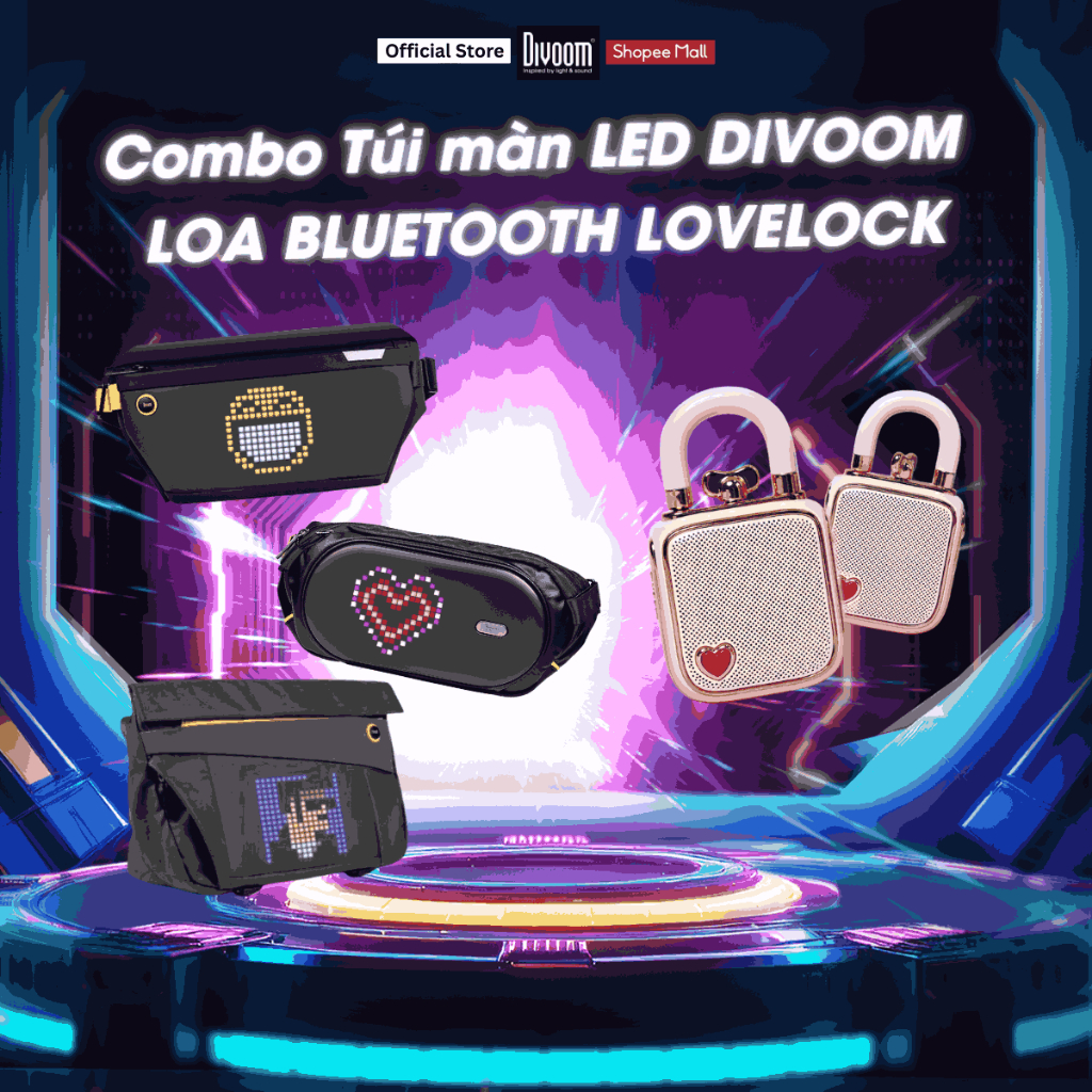 Combo túi đeo chéo Divoom Pixoo Slingbag C/V chống nước màn hình pixel art + Loa Divoom LoveLock Pin