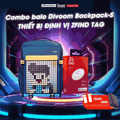 Combo balo Divoom Backpack-S màn hình LED hiển thị pixel art, và thiết bị định vị ZFind Tag tương thích iOS