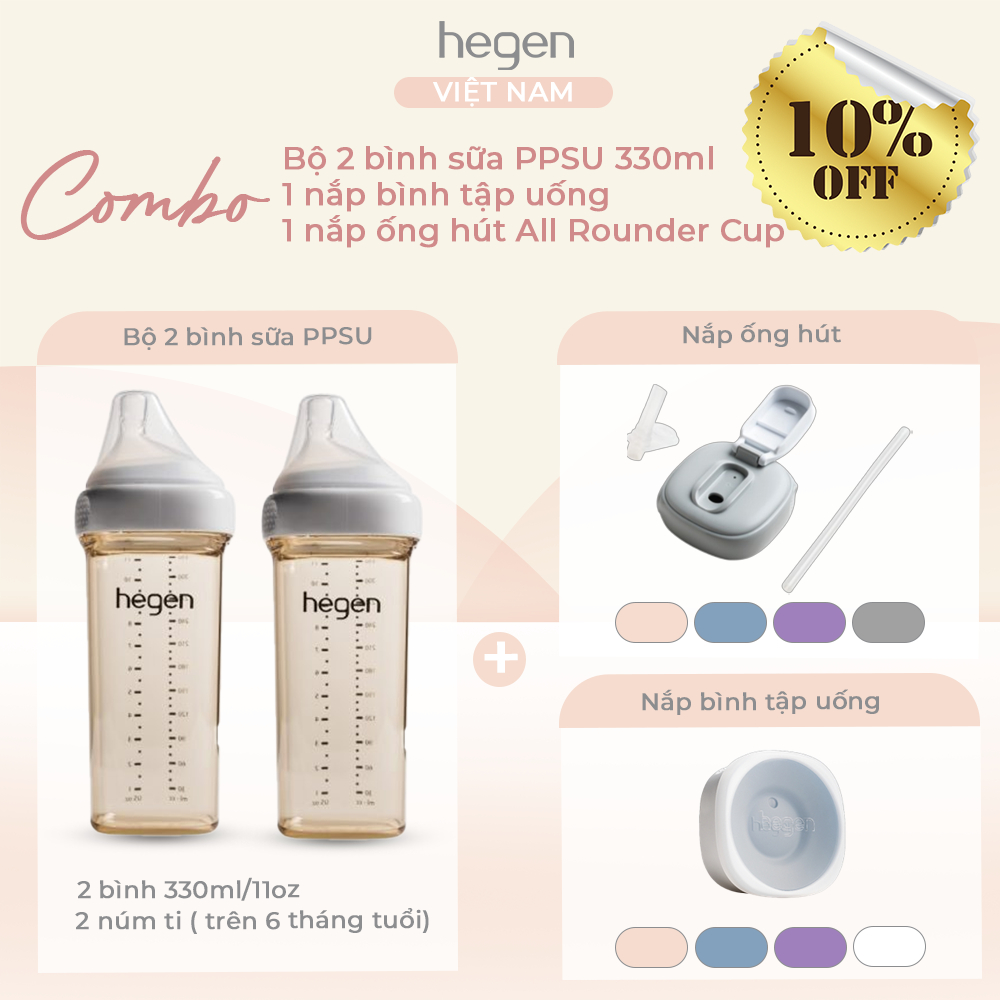 Combo 2 bình sữa Hegen PPSU 330ml trắng  + Nắp ống hút- 330ml + Nắp bình tập uống All-Rounder