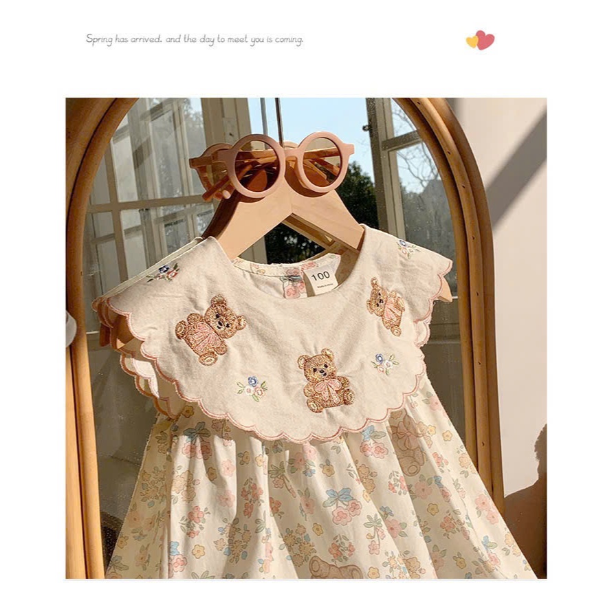 Đầm bé gái, váy bé gái dáng xòe cổ bèo họa tiết gấu dễ thương, vải thô Hàn IK36 - i am kids