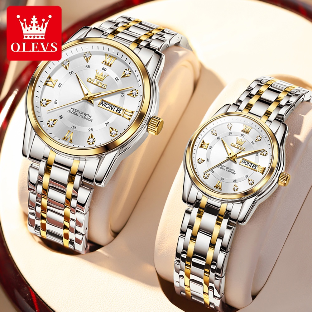 OLEVS Đồng hồ Cặp Chính hãng dây đeo bằng thép không gỉ lịch có chức năng phát sáng chống thấm 5513