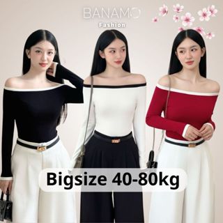  Áo nữ BIGSIZE Banamo Fashion áo thun trễ vai dài tay phối viền phong cách quyến rũ 310 