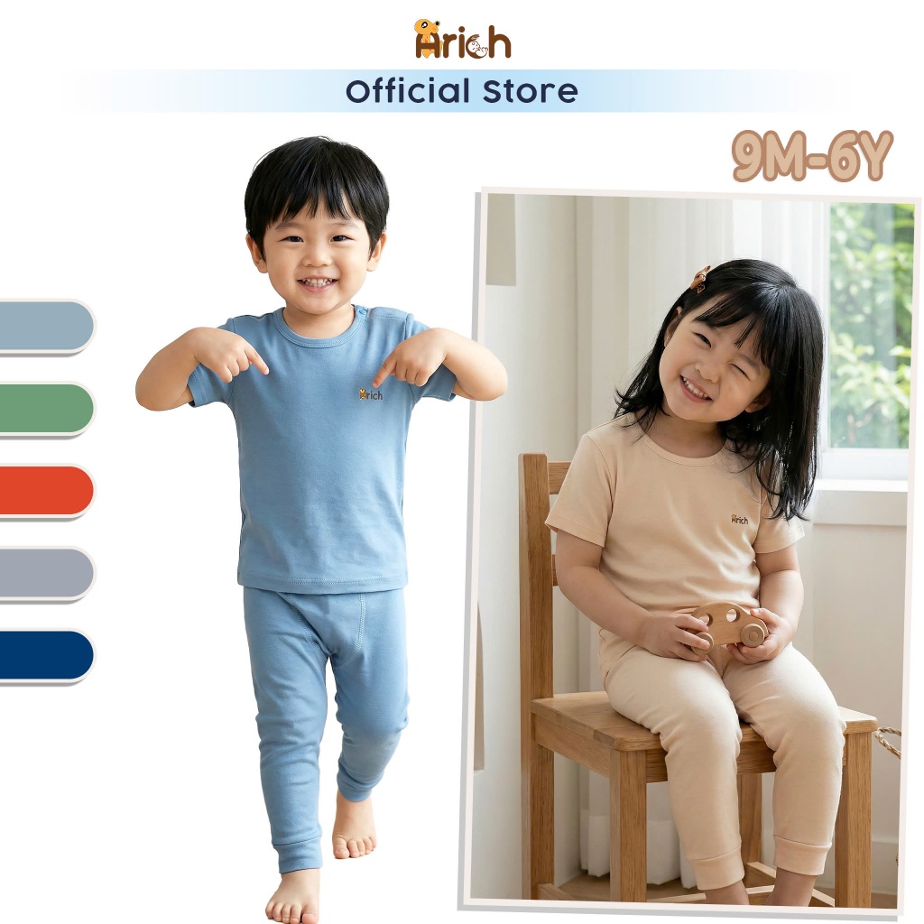 Bộ áo cộc tay quần dài  Arich cho bé, chất liệu petit sợi tre, mềm, mát size từ 9 tháng đến 6 tuổi