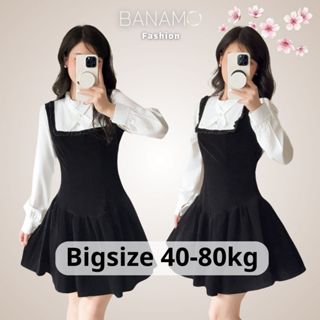  Đầm nữ BIGSIZE Banamo Fashion váy nhung yếm viền bèo phối sơ mi trắng cổ tàu dài tay dáng xòe tiểu thư Hàn Quốc 550 