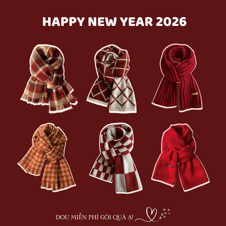 Khăn Len Unisex, Khăn Cashmere Dệt Kim Dày Dặn Ấm Áp Tone Đỏ Sang Trọng QUÀ TẶNG HAPPY NEW YEAR 2026 - Mã LN00