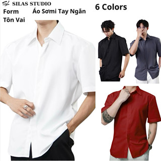   Form Tôn Vai  Áo Sơ Mi Tay Ngắn SILAS Trơn Cotton Chéo Nam Giấu Cúc Cổ Bẻ Thoáng Mát - ASL34 