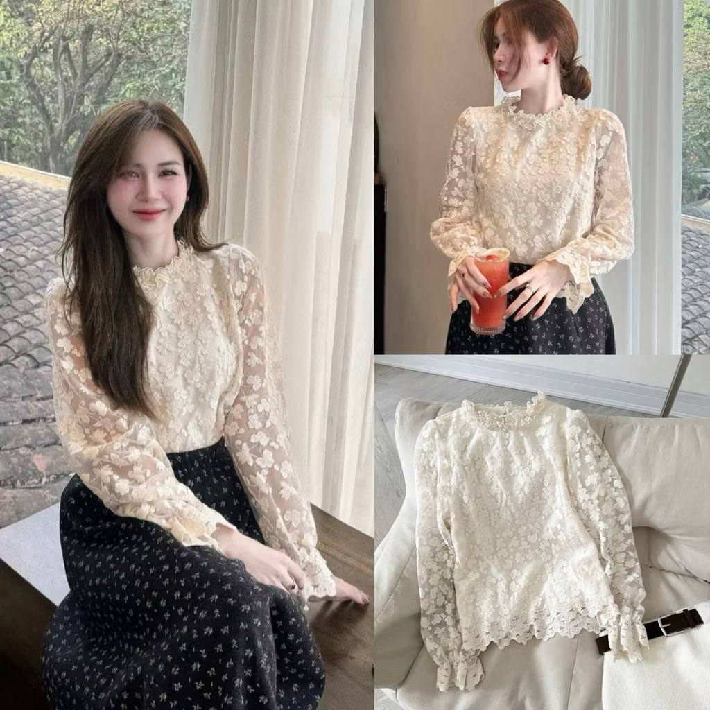 Áo sơ mi ren hoa nổi 2 lớp cổ viền bèo tay dài bo chun phong cách tiểu thư siêu xinh”HANEUL”-dành cho Nữ | BigBuy360 - bigbuy360.vn