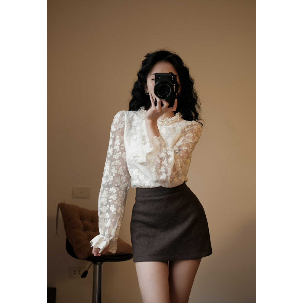 Áo sơ mi ren hoa nổi 2 lớp cổ viền bèo tay dài bo chun phong cách tiểu thư siêu xinh”HANEUL”-dành cho Nữ | BigBuy360 - bigbuy360.vn