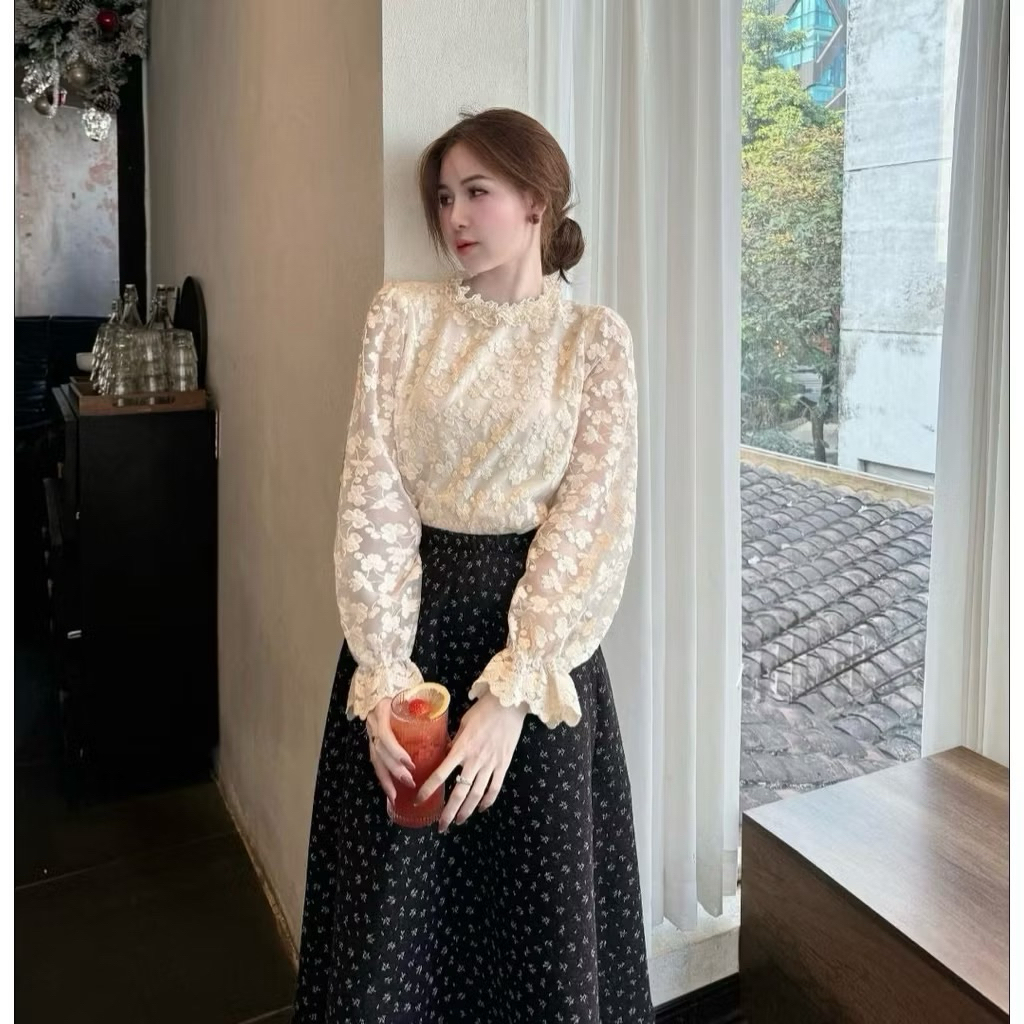 Áo sơ mi ren hoa nổi 2 lớp cổ viền bèo tay dài bo chun phong cách tiểu thư siêu xinh”HANEUL”-dành cho Nữ | BigBuy360 - bigbuy360.vn