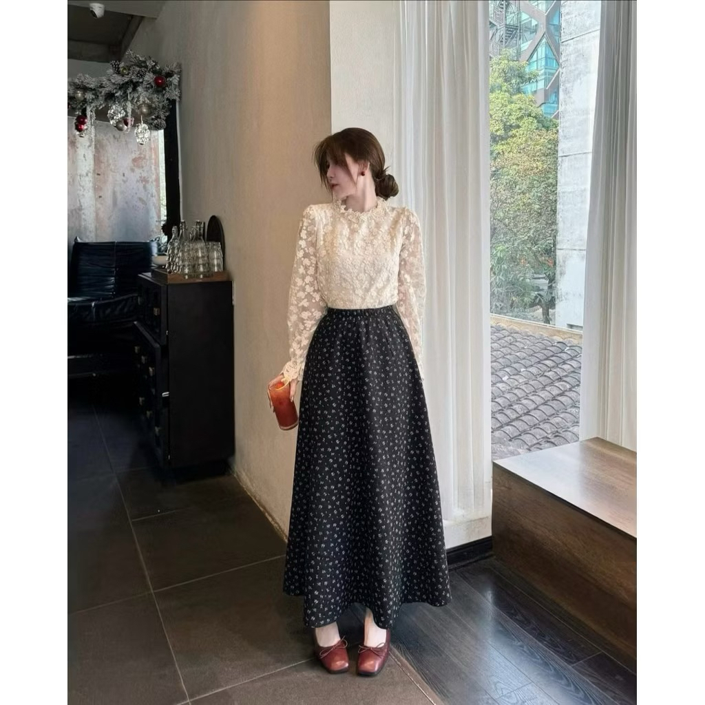 Áo sơ mi ren hoa nổi 2 lớp cổ viền bèo tay dài bo chun phong cách tiểu thư siêu xinh”HANEUL”-dành cho Nữ | BigBuy360 - bigbuy360.vn