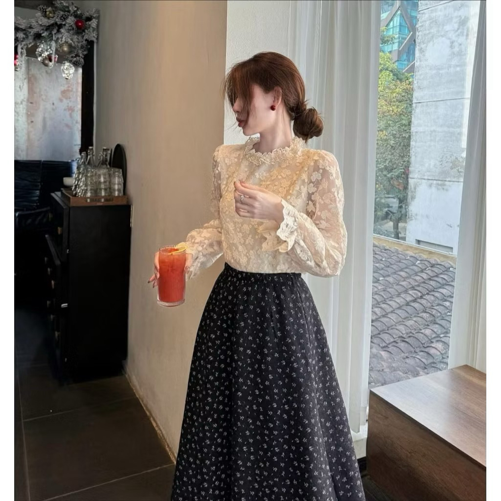 Áo sơ mi ren hoa nổi 2 lớp cổ viền bèo tay dài bo chun phong cách tiểu thư siêu xinh”HANEUL”-dành cho Nữ | BigBuy360 - bigbuy360.vn