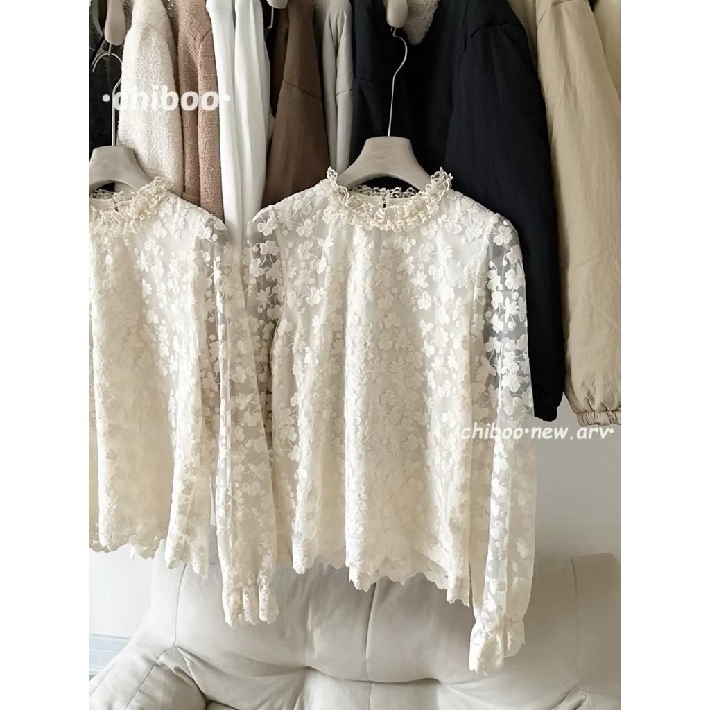 Áo sơ mi ren hoa nổi 2 lớp cổ viền bèo tay dài bo chun phong cách tiểu thư siêu xinh”HANEUL”-dành cho Nữ | BigBuy360 - bigbuy360.vn