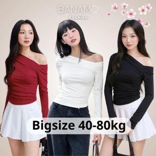  Áo nữ BIGSIZE Banamo Fashion áo thun lệch vai nhún eo cá tính năng động 3111 
