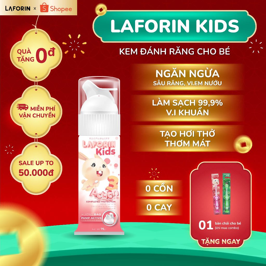 Kem Đánh Răng Laforin Kid Đào - Giảm Sâu Răng, Không Cay, Nuốt An Toàn Cho Bé Từ 2 Tuổi (Tuýp 75g)