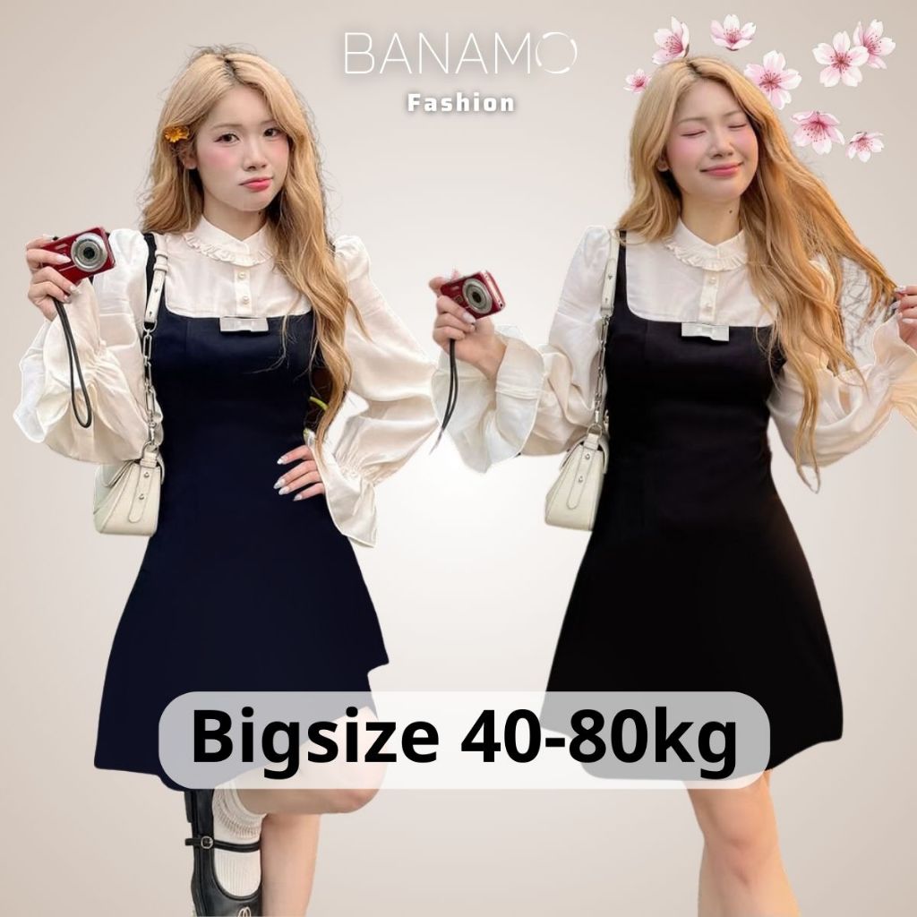  Đầm nữ BIGSIZE Banamo Fashion váy yếm phối sơ mi trắng viền bèo dài tay dáng chữ A thanh lịch 5316 