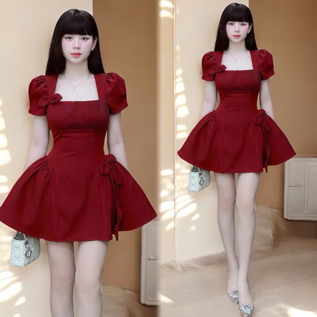 D414 Đầm Thiết Kế Tay ngắn Dáng Xoè ngắn xếp ly ngực đính hoa Chun Sau Lưng Ôm Eo Tôn Dáng Freesize 