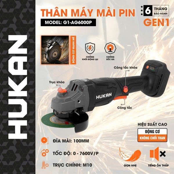 Thân Máy Mài Góc Dùng Pin Hukan G1-AG 6000P GEN1 - Động Cơ Không Chổi Than, Tốc Độ 7600V/P, Chống Kh