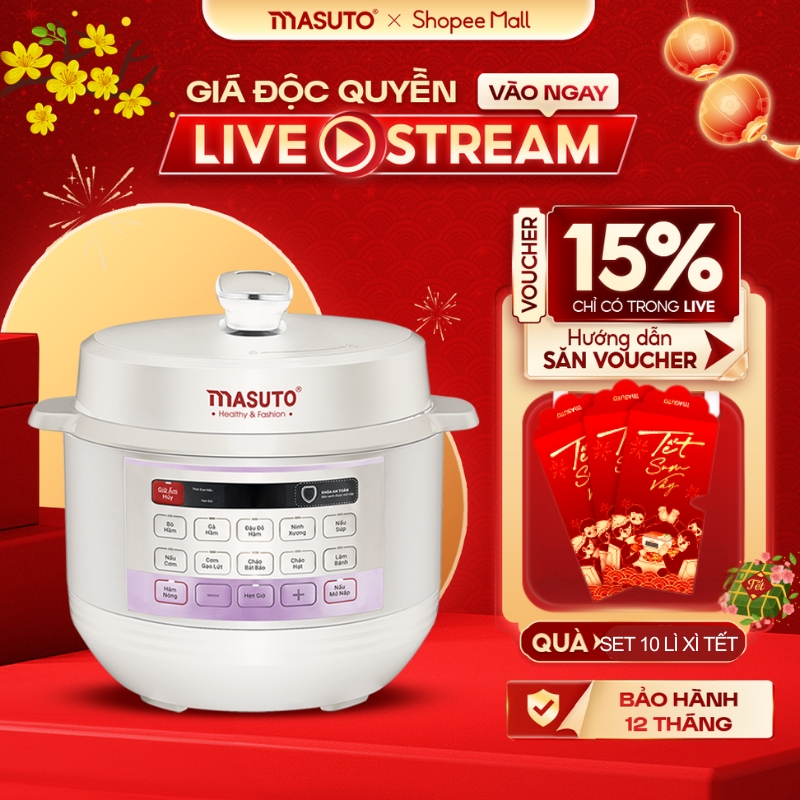 [LIVE] Nồi áp suất điện đa năng Masuto MS PC05 10 chức năng nấu, chế độ nấu mở nắp riêng biệt, bảo h