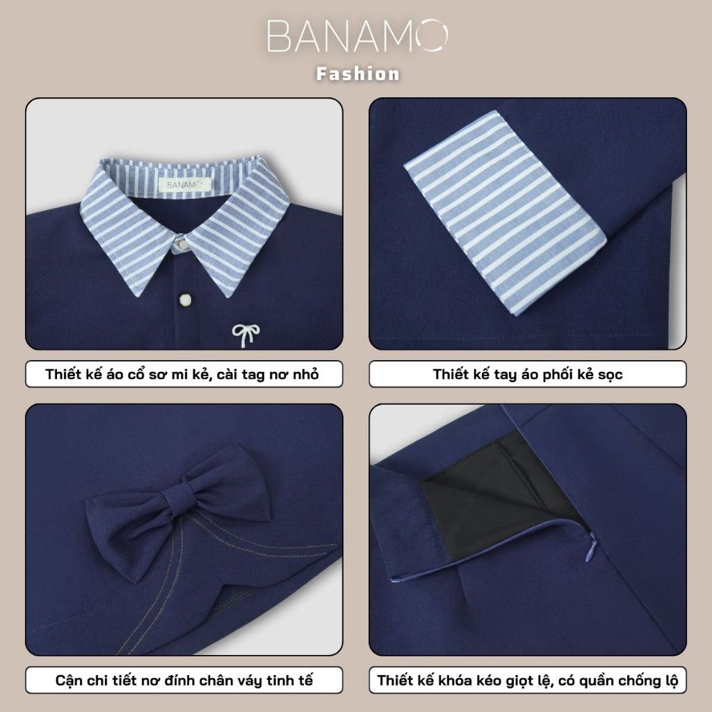 Set đồ nữ BIGSIZE Banamo áo sơ mi dài tay phối cổ kẻ sọc xanh mix chân váy chữ A đính nơ dáng xoè Hàn Quốc 1900 | BigBuy360 - bigbuy360.vn