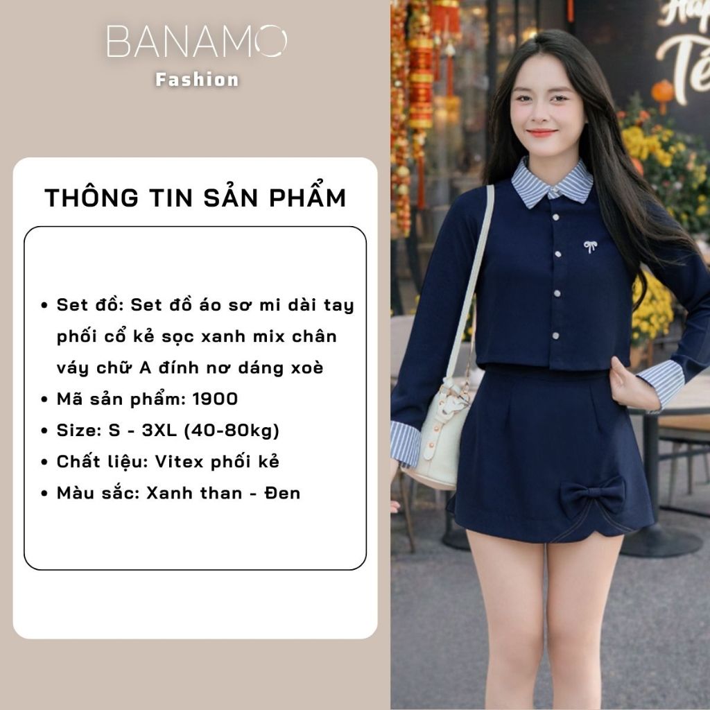 Set đồ nữ BIGSIZE Banamo áo sơ mi dài tay phối cổ kẻ sọc xanh mix chân váy chữ A đính nơ dáng xoè Hàn Quốc 1900 | BigBuy360 - bigbuy360.vn